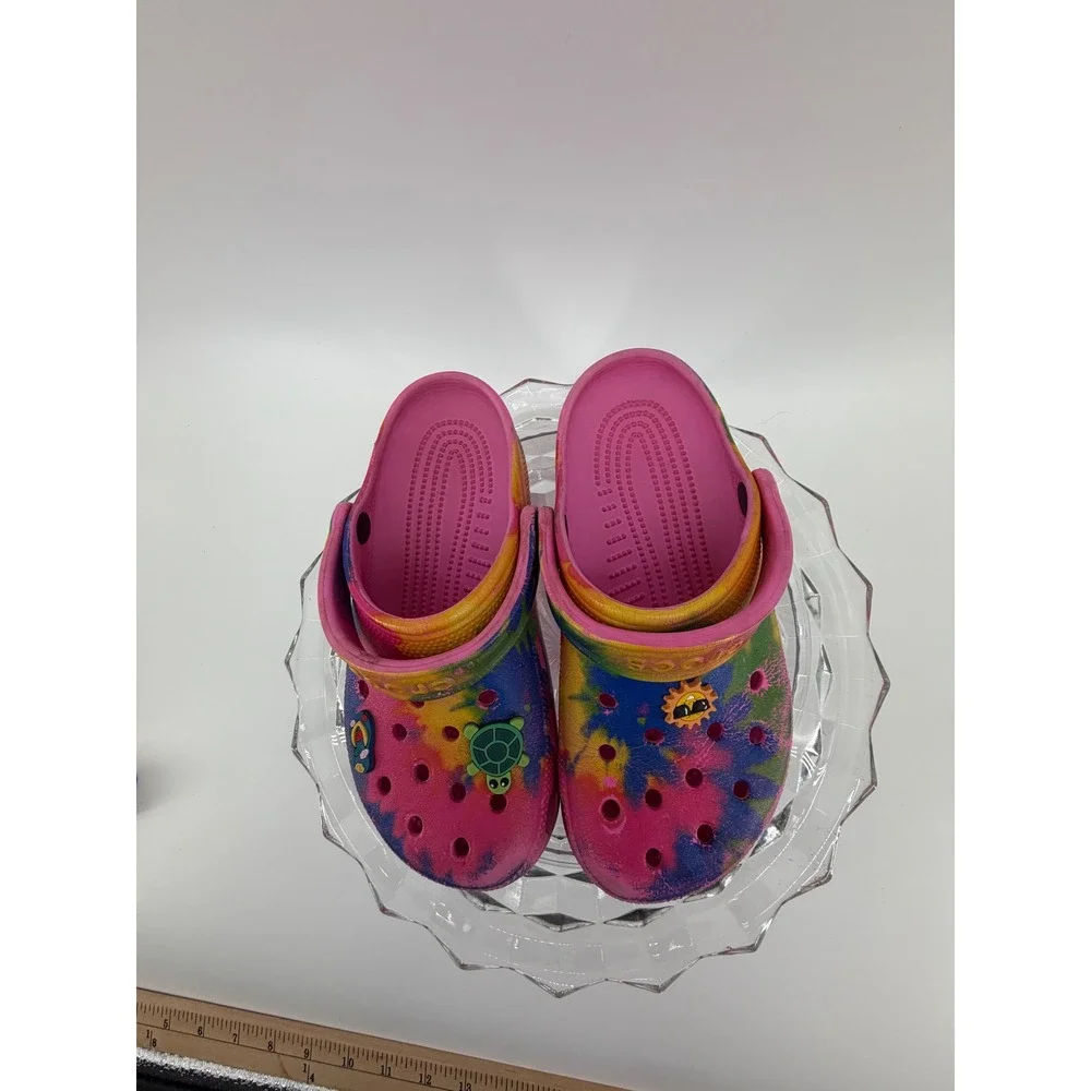 Crocs Tie Dye Pink Yellow Blue Green Turtle Sun Jibbitz Clogs Toddler Size 4 6
